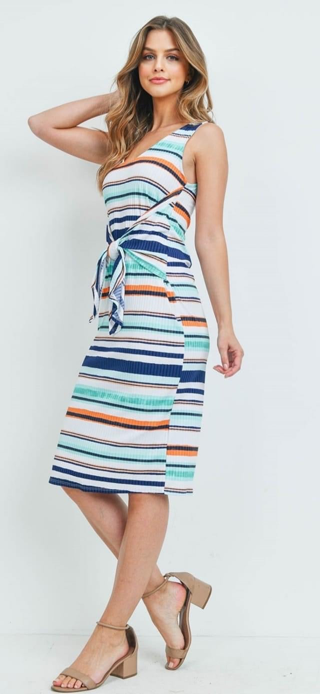 Striped Tie Waist Midi Dress